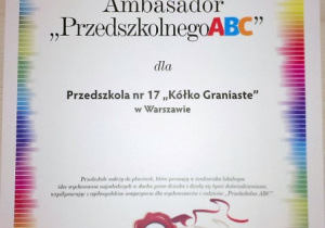 Certyfikat "Ambasador Przedszkolnego ABC"